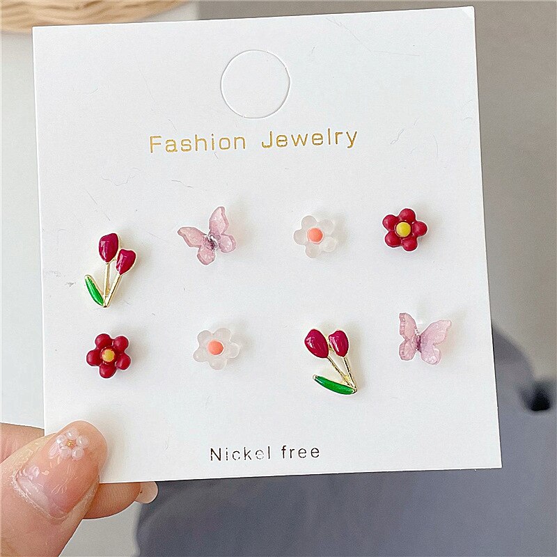 Aomu korea retro rosa blå gul blomma frukt örhänge söt släta oregelbundna geometriska örhängen med små nitar för kvinnor: D