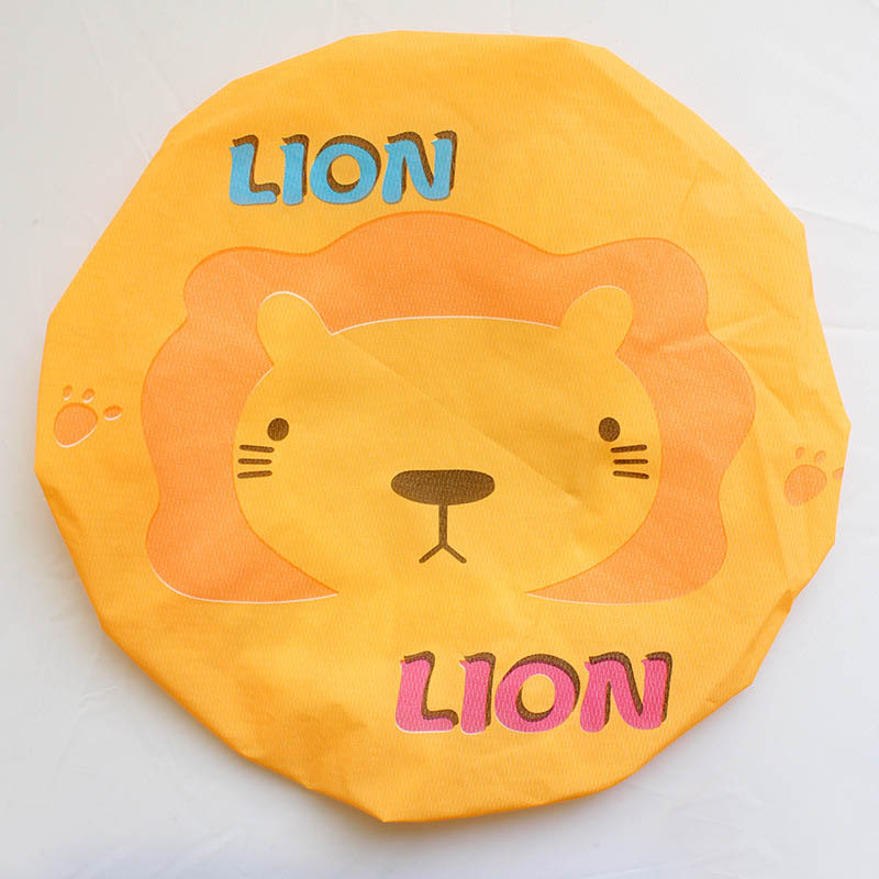 Gorra de baño para la ducha con dibujos animados, gorro de encaje elástico para baño y saunas, gorro para spa, protección para el cabello para niños y mujeres: Orange Lion