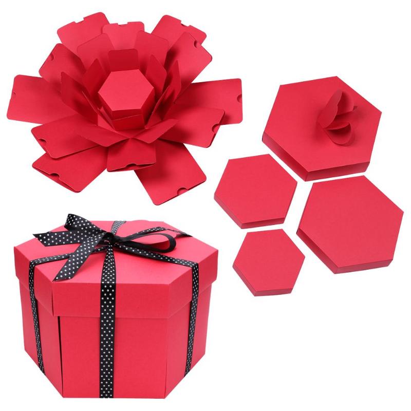 DIY Photo Album Box Hexagonal Folding Scrapbooking Photo Albums Memory Box for Birthday Valentine's Day Wedding: Red