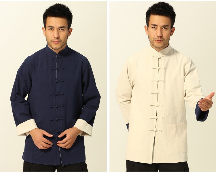 Hommes chinois traditionnel Tang costume veste réversible Wu Shu vêtements manches longues Kung Fu Wing Chun chemise 2 faces: dark blue cream / L