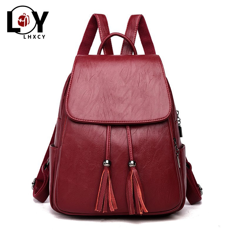 Tassel Pu Leather Backpack Women Drawstring Bag Black Red Soft Solid Backpack Female Youth Bagpack For Teenage Girls