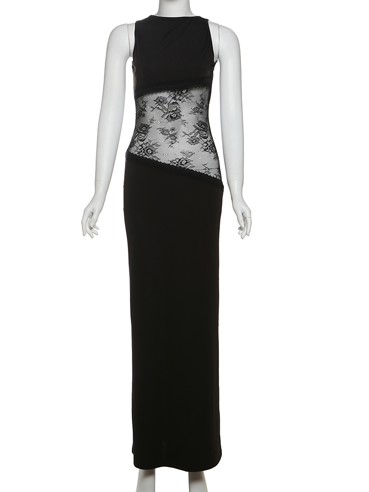 Macheda mesh patchwork kjole kvinder uregelmæssig jacquard rygløs  y2k sommer midnat sexet hipster klub fest klassisk lang bodycon