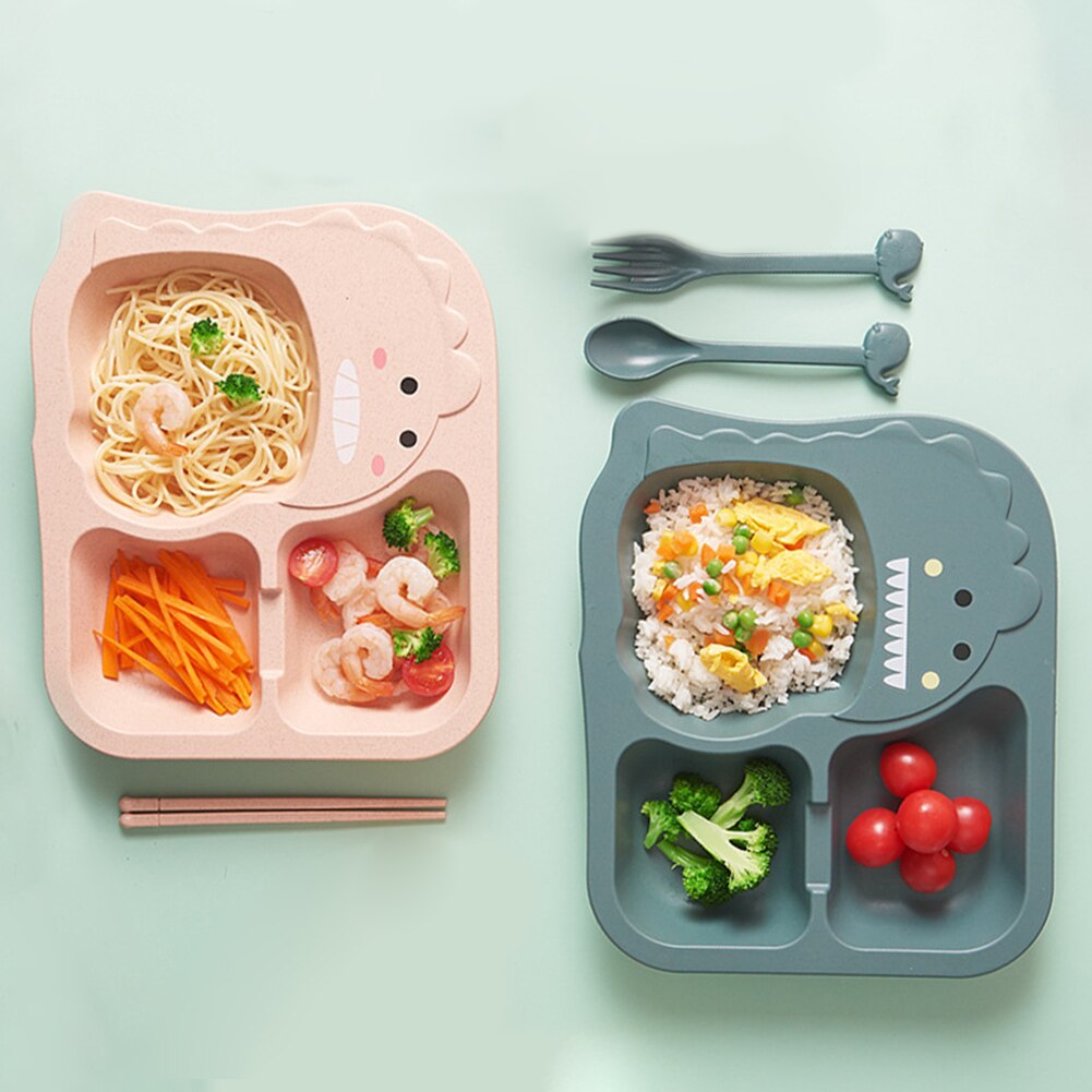6 Piece Set Baby Dinosaur Tableware Children's Dinner Plate Grid Home Cartoon Feeding Dishes