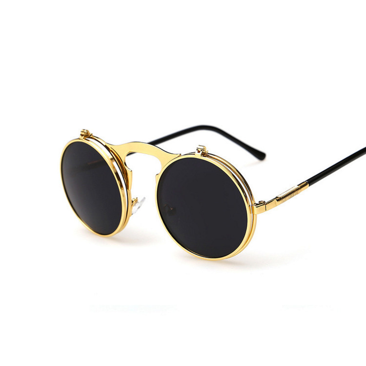 Gafas de sol redondas con tapa Retro para hombre y mujer, lentes de sol de estilo Steampunk de Metal, lentes transparentes circulares dobles para hombre y mujer: Gris