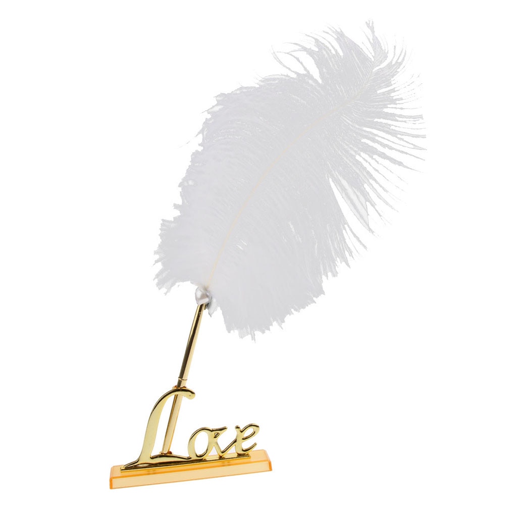 Mode Witte Veer Pen Ondertekening Gold Tone Liefde Woorden Bruiloft Handtekening Pen W/Houder
