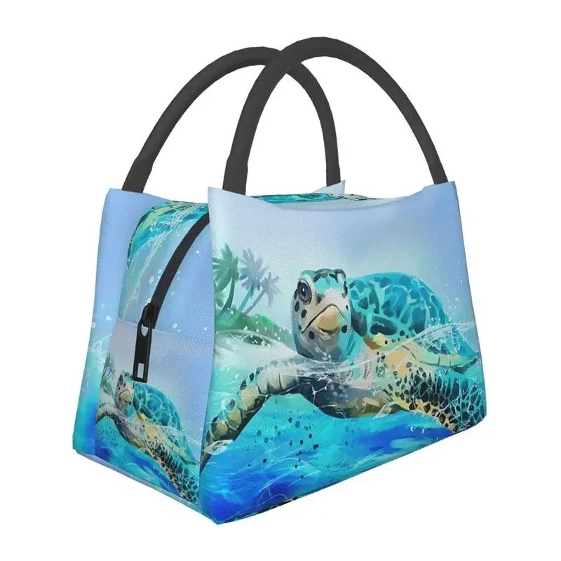 Funny Sea Turtles Insulated Lunch Bag for School Office Watercolor Sea Animal Waterproof Thermal Cooler Bento Box Women: army green