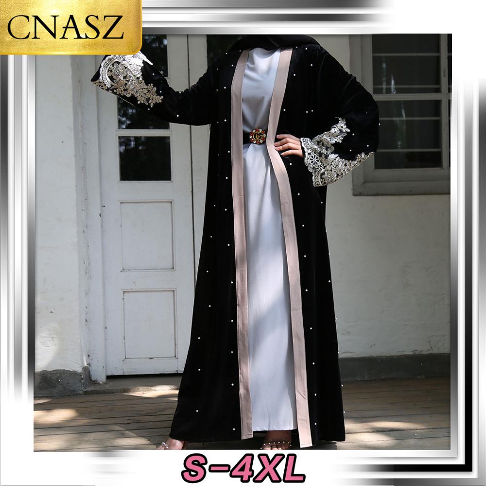 nouvelle Abaya à manches longues perlé dentelle or velours Cardigan dubaï Robe islamique turquie moyen-orient