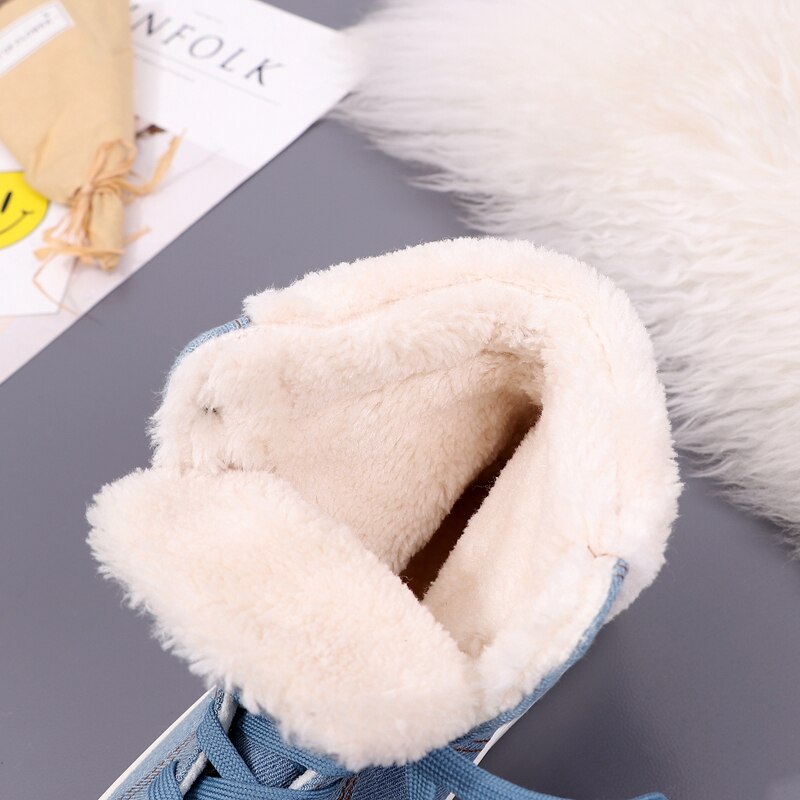 Huanqiu kvinder vintersko denimklud høj top pels foret dame varme fritidssko denim sneakers marineblå 35-40