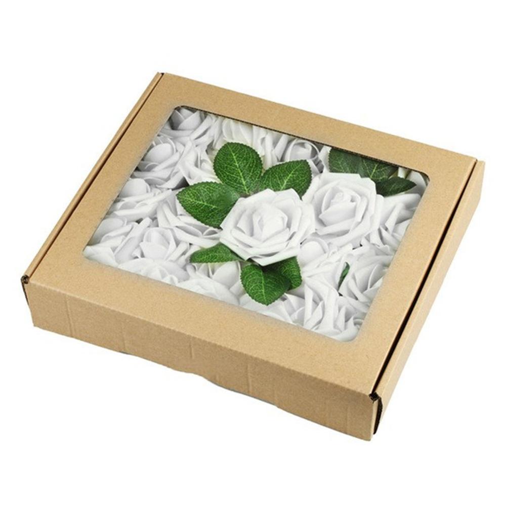 50 PCS Artificial PE Foam Rose Flower with Stem for Valentine's Day Wedding Bridal Bouquets: White