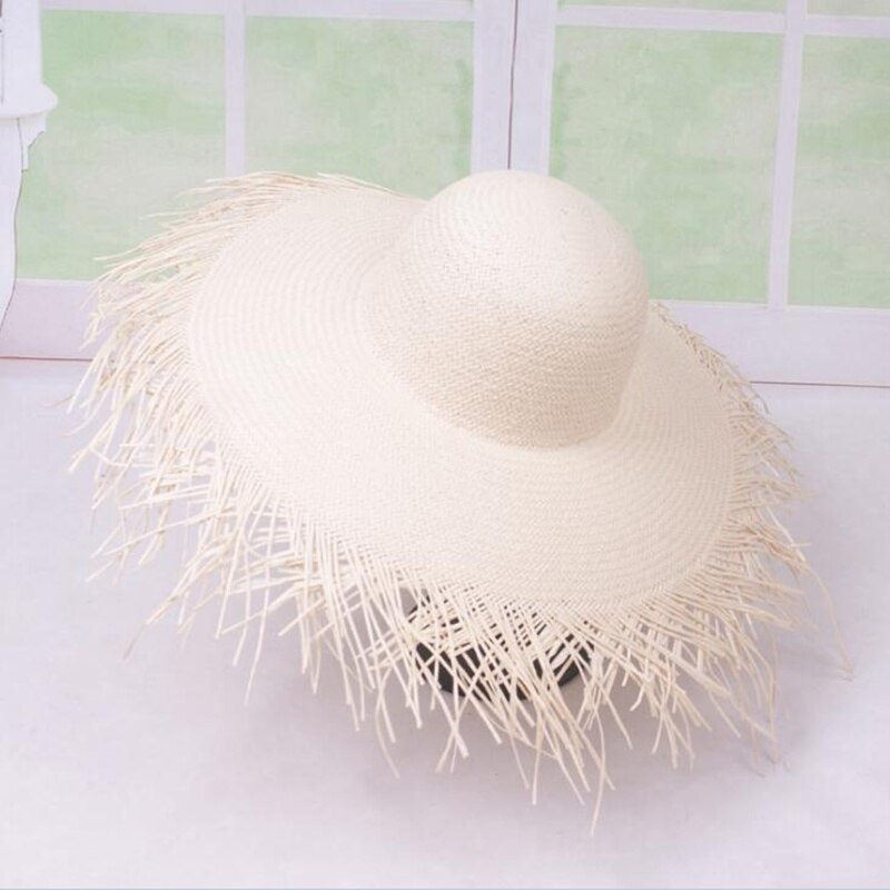 Chapeaux de paille en papier à Large bord raphia, chapeaux de plage, d&#39;été, grand chapeau de soleil en paille H4: Beige