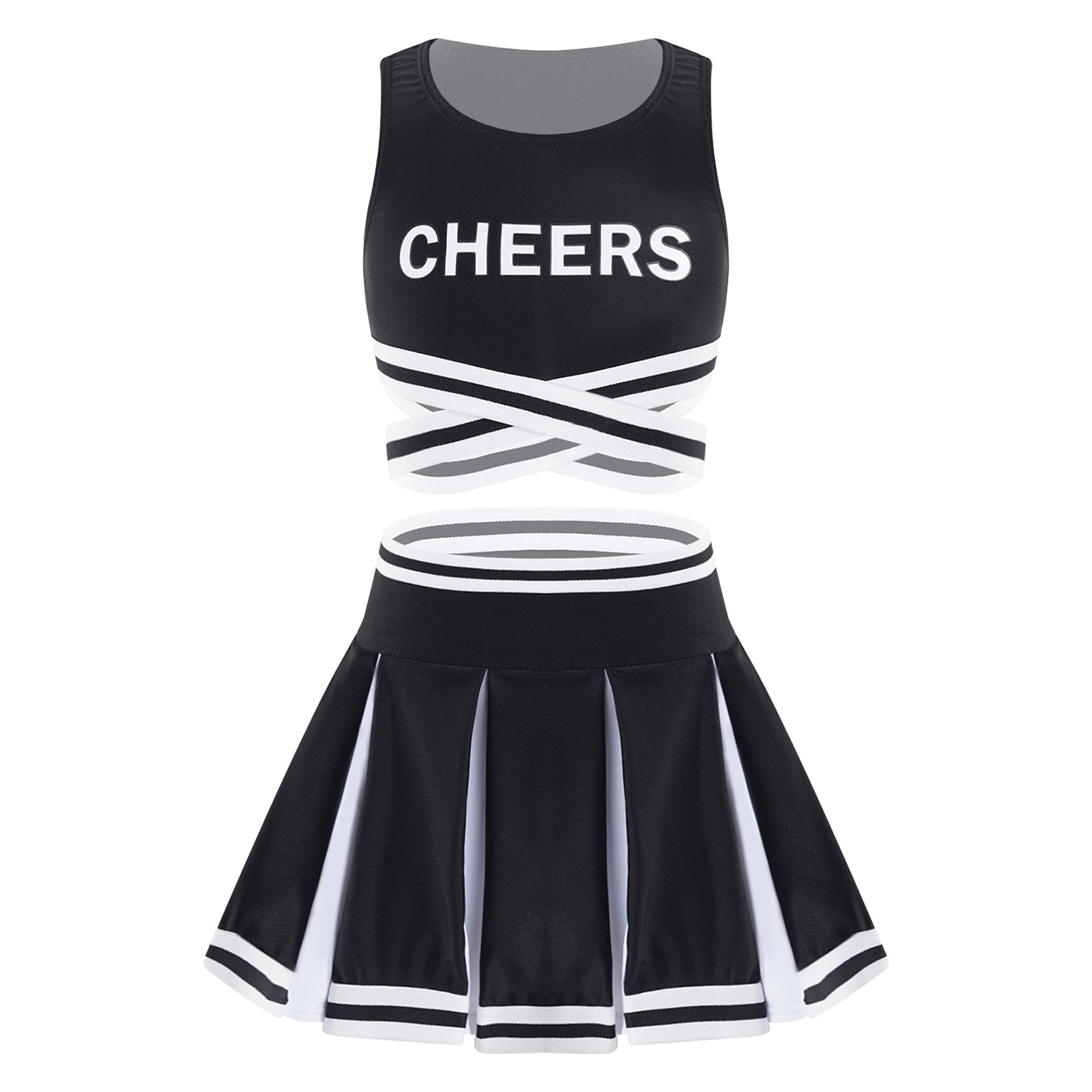 2Pcs Kids Girls Cheerleader Uniform Cheerleading Dance Outfit Sleeveless Cheers Print Crisscross Sash Vest and Pleated Skirt Set