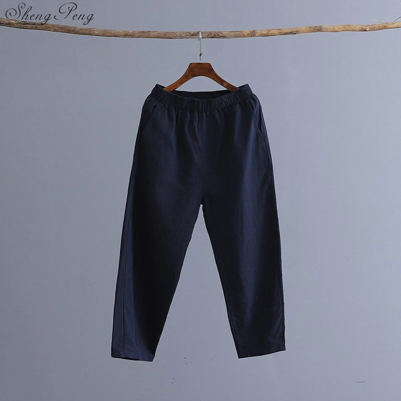Pantalones bombachos elegantes de lino y algodón para mujer, pantalón de trabajo de cintura elástica con bolsillos, informales, color sólido, talla grande, Q755