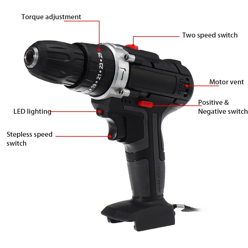 25 Torque Cordless Electric Impact Drill Screwdriver 220V Rechargeable Dual Speed Power Tools Home DIY Tool without Battery