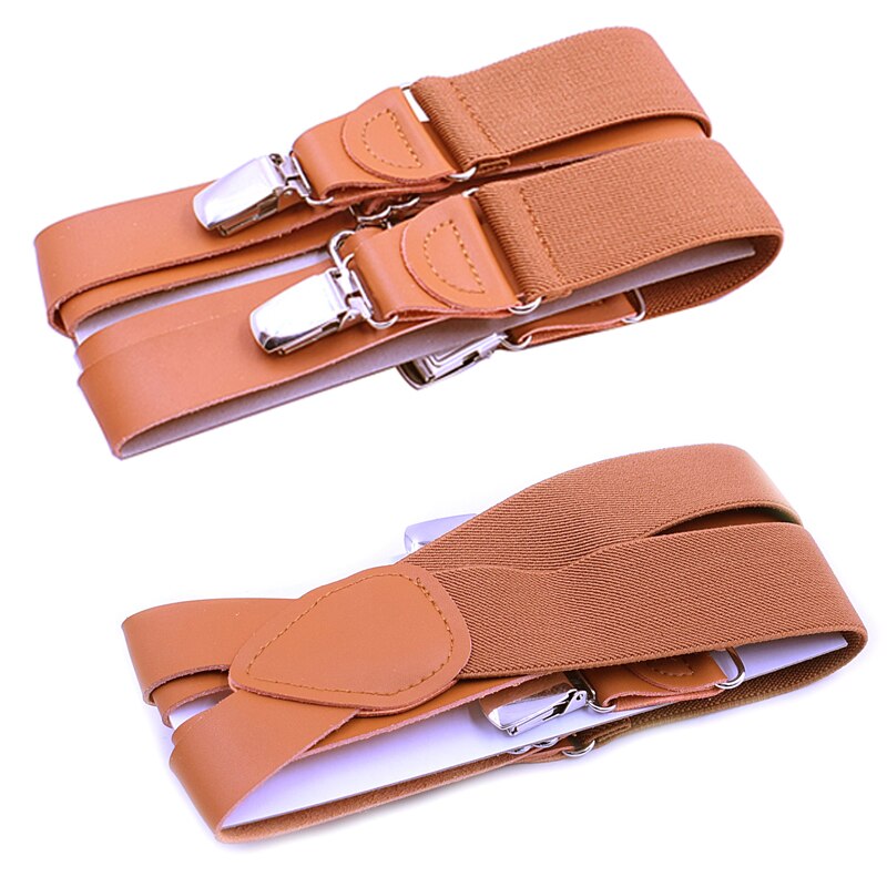 Solid Dark Brown Suspenders For Men. Elastic Y-Back Button & Clip-On