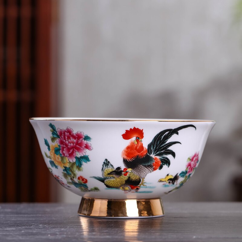 Jingdezhen Ceramic Antique Bowl Tableware Household Bowl Noodles Bowl Gold Painted Large Rice Bowl Soup Bowl High Foot Bowl