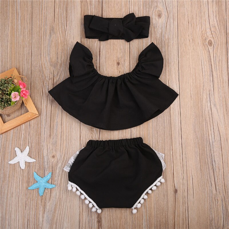 3 stuks baby meisjes ruches off shoulder top tank + kwastjes shorts + hoofdband outfit zonnepak zomerkleding set