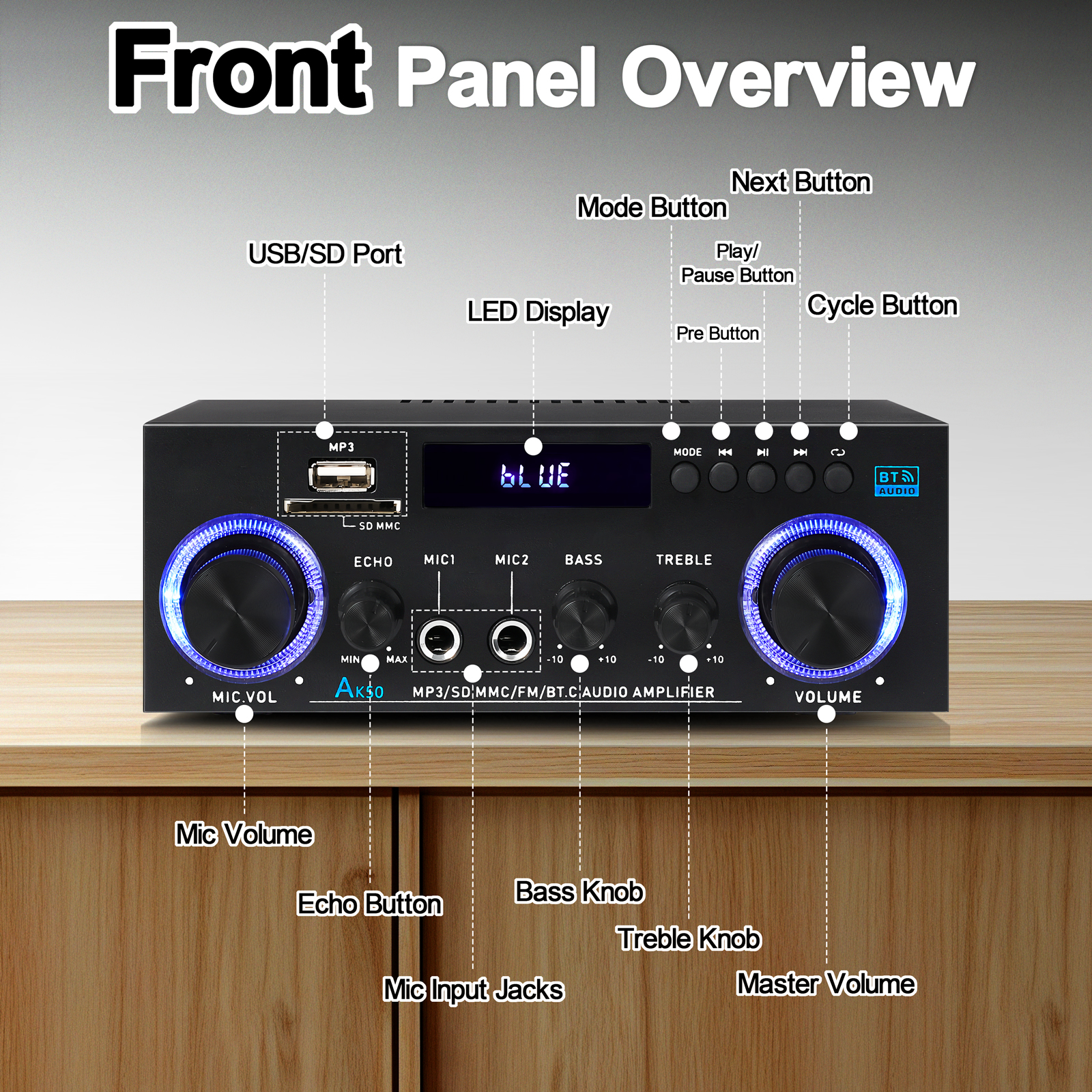WOOPKER 60W * 2 Amplificatore audio AK50 HiFi Digitale Bluetooth Amplificatore di potenza Canale 2.0 FM USB AUX Amplificatore audio per Home Car Karaoke