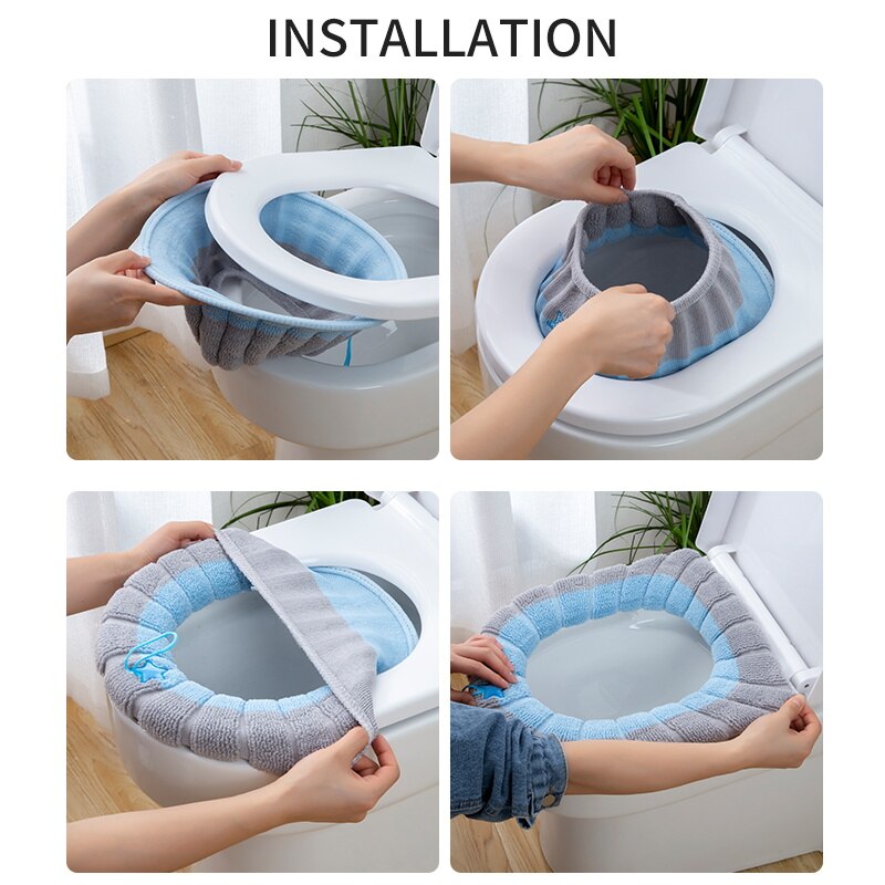 Housse de siège de toilette tricotée, chaude pour l'hiver, avec poignée, coussin de toilette en forme de O, accessoires de salle de bains