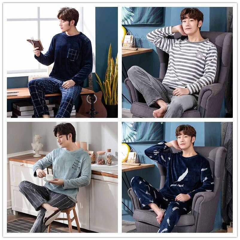 Pijamas gruesos cálidos para hombre, traje de franela gruesa de talla grande, ropa de casa informal de manga larga, forro polar coral, otoño e invierno, novedad de 2022