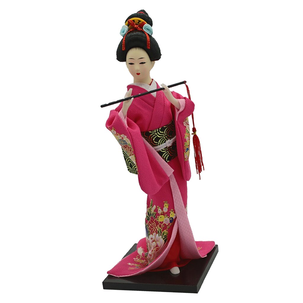12 tommer japansk geisha dukke kabuki iført rosa rød kimono samlerobjekt
