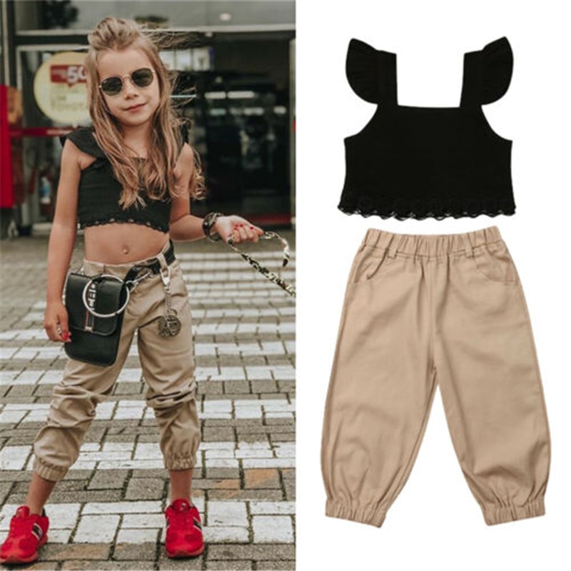 Estate del Bambino Del Bambino 2020 Scherza I Vestiti Senza Maniche T-Shirt + Pantaloni Kaki Ragazze Abiti vestiti del bambino della ragazza vetement enfant