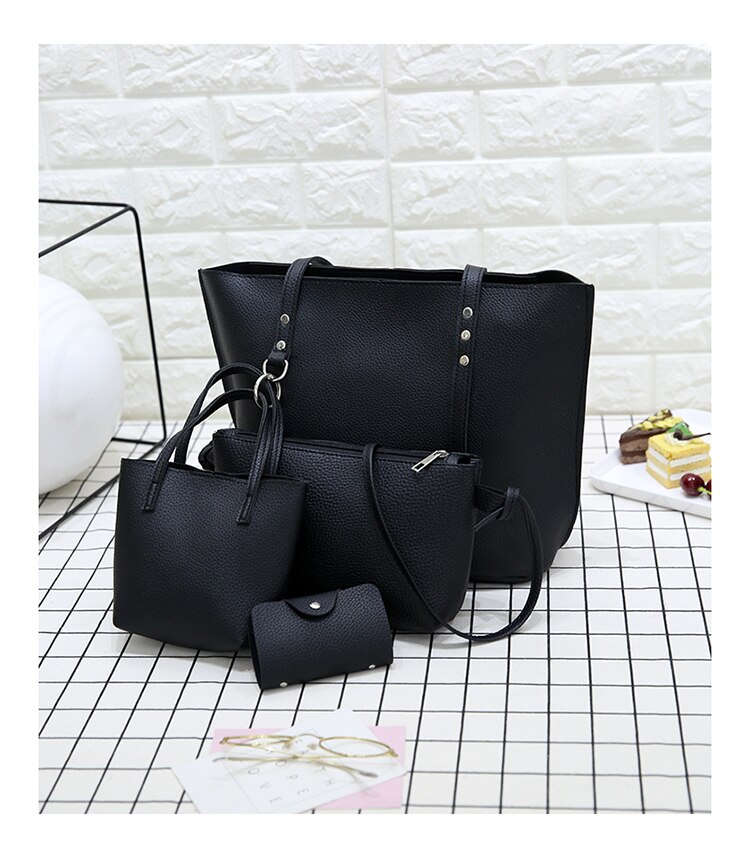 4 pçs novas bolsas femininas bolsa de ombro bolsa tote mensageiro hobo satchel saco corpo cruz: Black