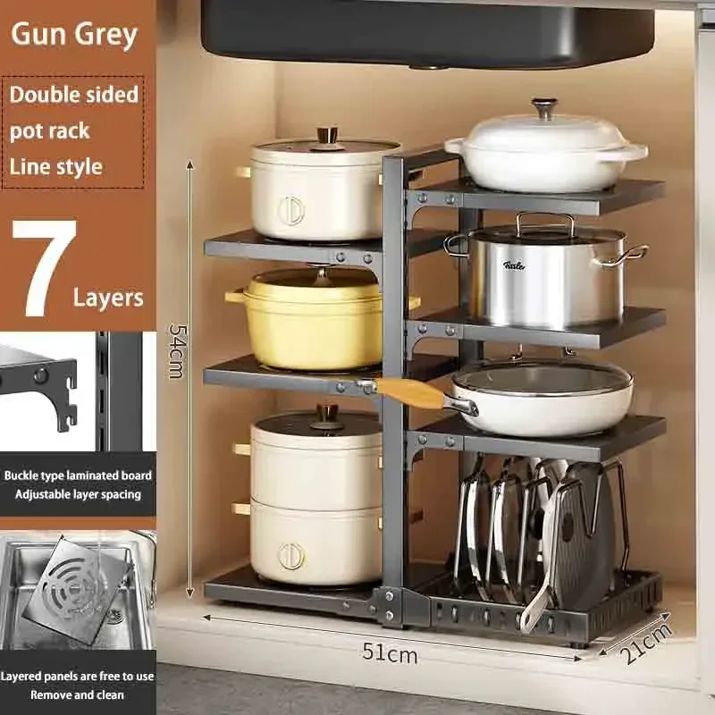 Kitchen Pot Storage Rack Under Sink Cabinet Pot Rack Holder Multi-Layer Adjustable Pots and Pans Shelf Bilateral Organizer: army green