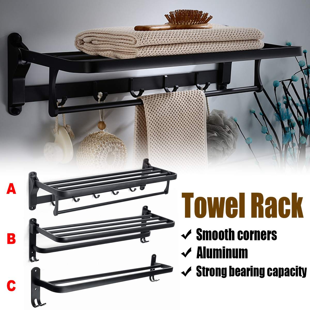 Foldbar håndklædeholder alumimum sort håndklæde hylde vægmonteret badeværelses håndklædeholder opbevaring bøjle hylde 59 / 60cm til badeværelse