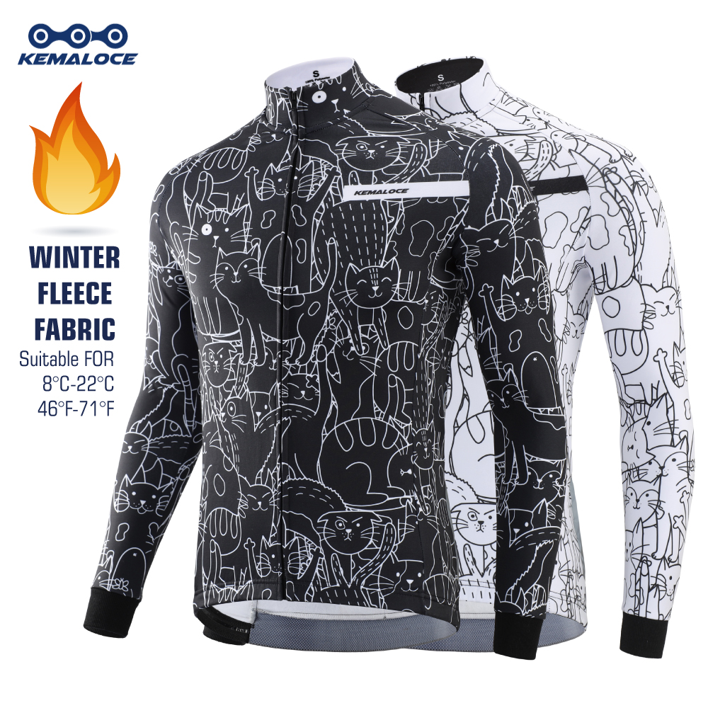 Kemaloce Winter Wielerjassen Heren Fleece Lange Mouwen High End Bike Jacks Zwart En Wit Thermisch Stof Mtb Fietskleding