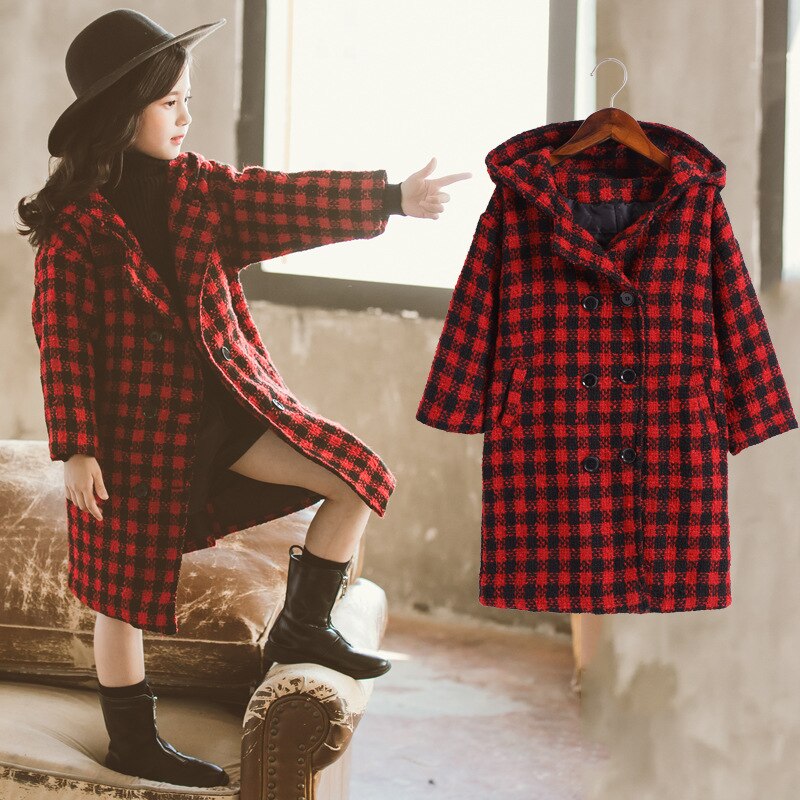 Meisjes dikke geruite jas koreaanse capuchon warme wollen windjack bovenkleding herfst winter 4-11 jaar