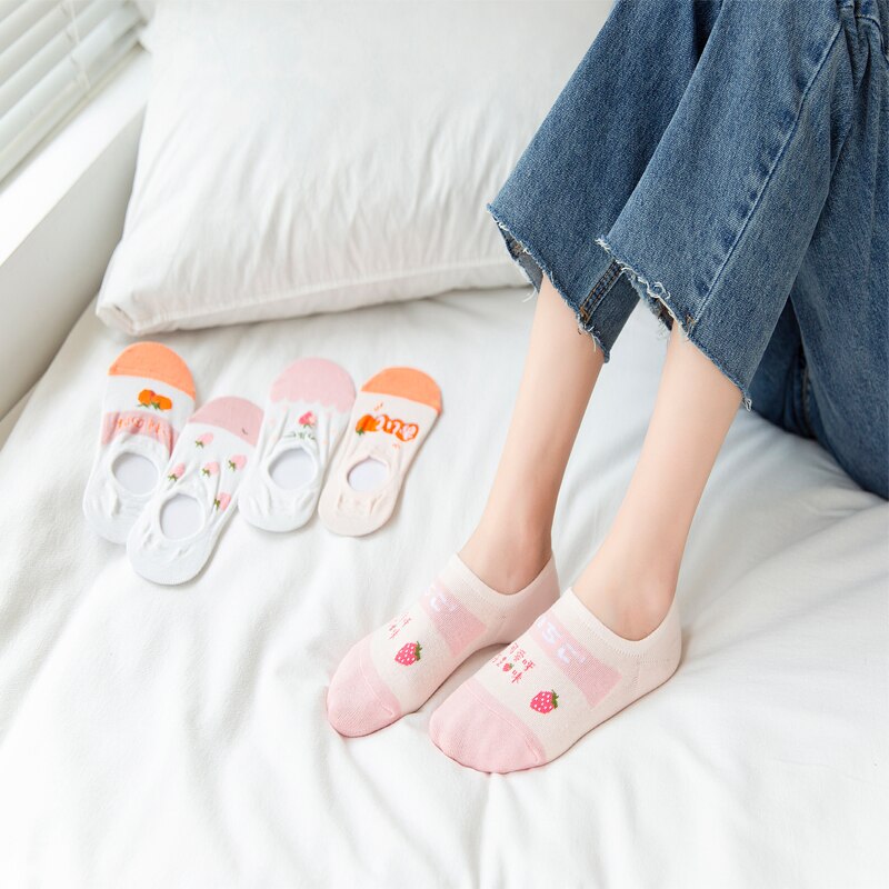 3 Pairs Lot Women Cotton Invisible Socks Cute Fruits Printed Harajuku Cartoon Casual Socks Strawberry Cherry Lemon Soft Sock