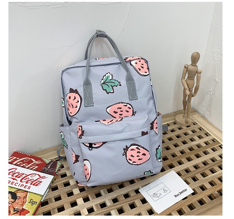 Koreaanse Avocado Groen Nylon Rugzak Leuke Fruit Print Tote Rugzak Vrouwen Grote School Rugzak Voor Tiener Meisje Mochila Mujer: strawberry blue