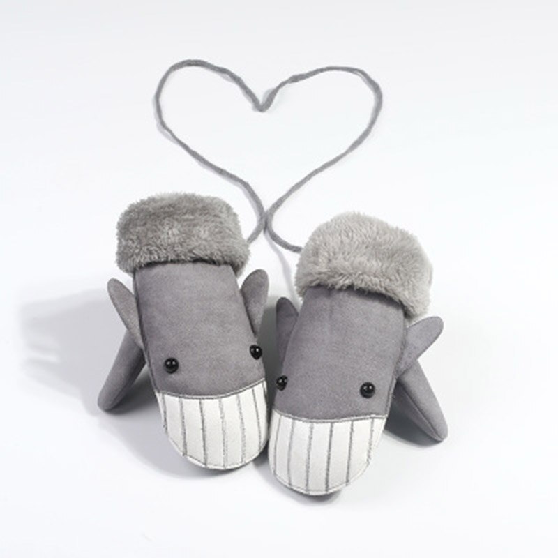Gants pour enfants hiver épais cachemire dessin animé pingouin requin daim cuir gants garçon/fille suspendus cou mitaines de Ski H29: C Gray