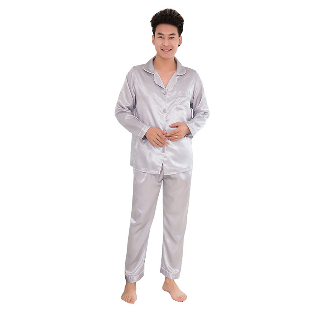 Mouw pak zijden satijn heren pyjama set nachtkleding paar effen kleur lange mouw pak pyjama voor heren nachtkleding pak: Grijs / Xl