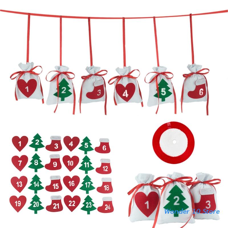 24 Dagen Diy Kerst Advent Kalender Lint Zak Met Vilt Stickers Touwen Opknoping Countdown Snoep Pouch Guirlande