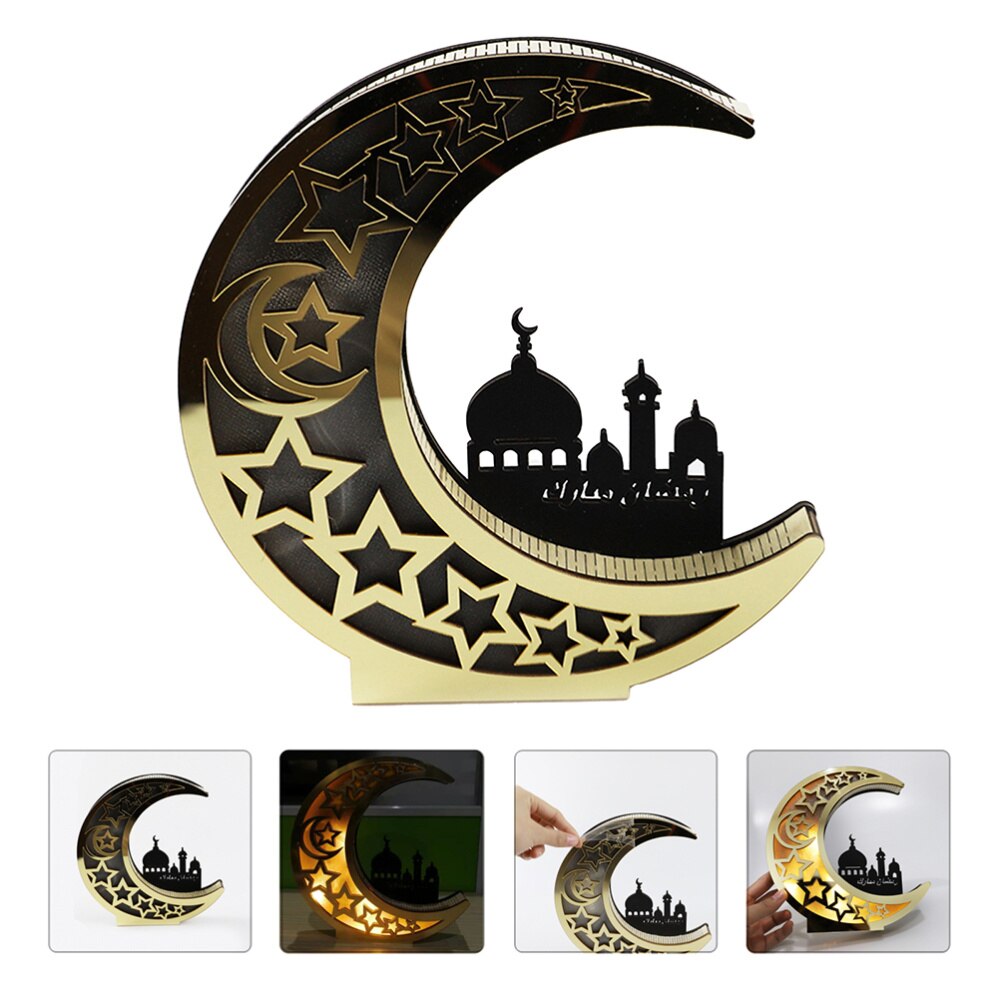 1Pc Houten Lamp Islam Mindere Bairam Led Licht Moslim Maan Lamp Ornament