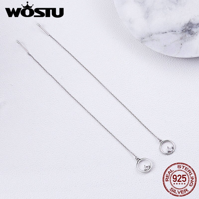 Wostu Originele 925 Sterling Zilveren Ronde Cirkel Met Clear Plein Zirconia Lange Oorbellen Voor Vrouwen Sieraden CQE080