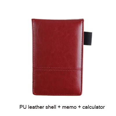 stationery small pocket notebook A7 PU leather notepad business work note book daily memo planner with calculator: red brown