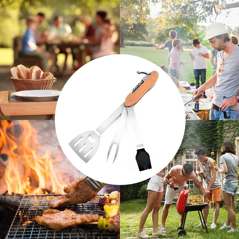 Multifunctional Stainless Steel BBQ Tools 5-in-1 Portable Foldable Detachable Multi-Function Tools Outdoor Barbecue Tool