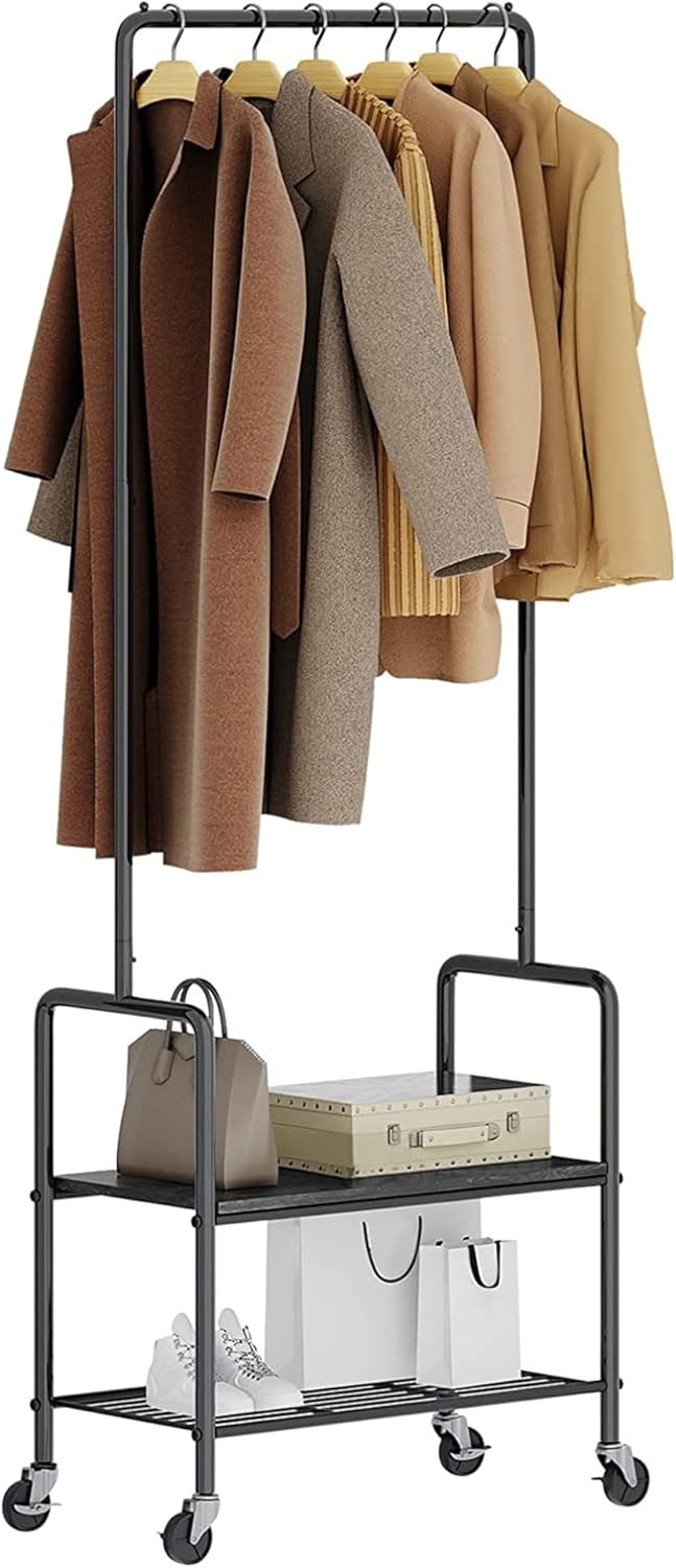 Perchero rodante para ropa, perchero que ahorra espacio con ruedas, organizador colgante portátil con 2 estantes, ropa de metal resistente: Default Title