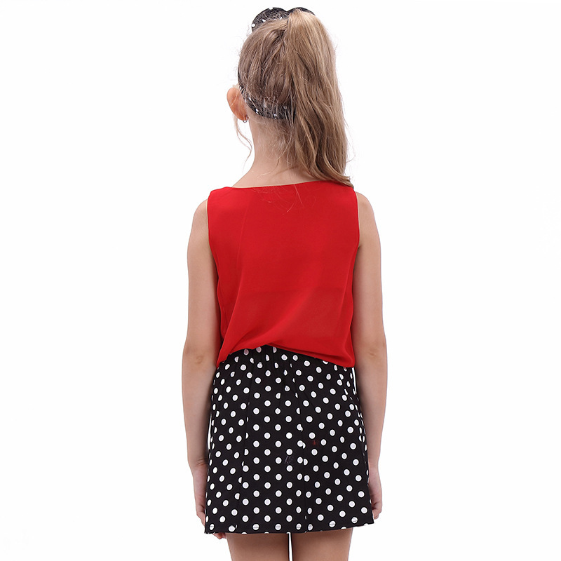 Ropa para niños y niñas, chaleco de chifón rojo, falda negra con puntos, trajes para niños de 2, 3, 4, 5, 6 años, disfraz informal de verano para niñas pequeñas