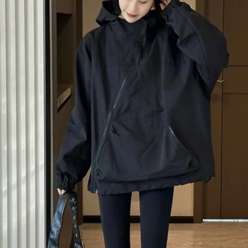 Damjackor med huva, diagonal dragkedja, vintage, höst, baggy, bf-stil, utomhus, chaqueta, damer, fritid, matchande, dam