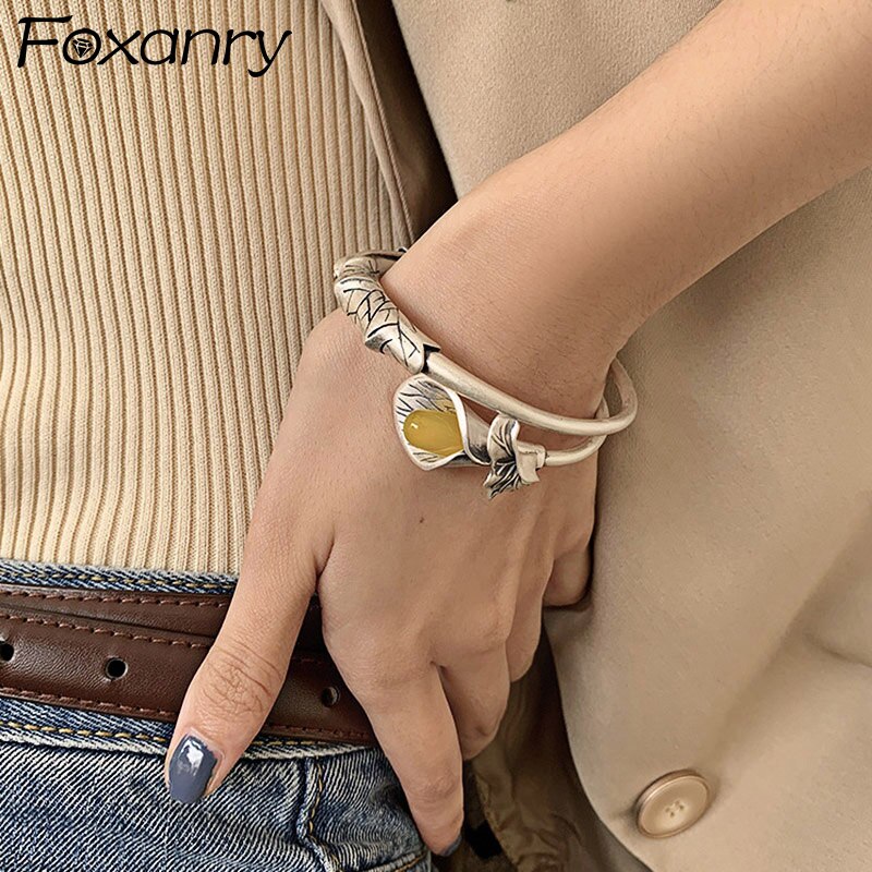 Foxanry Jahrgang Handgemachte 925 Stempel Armbinde eins Kreative Blume Armreifen Ethnischen Schmuck Party für Frauen