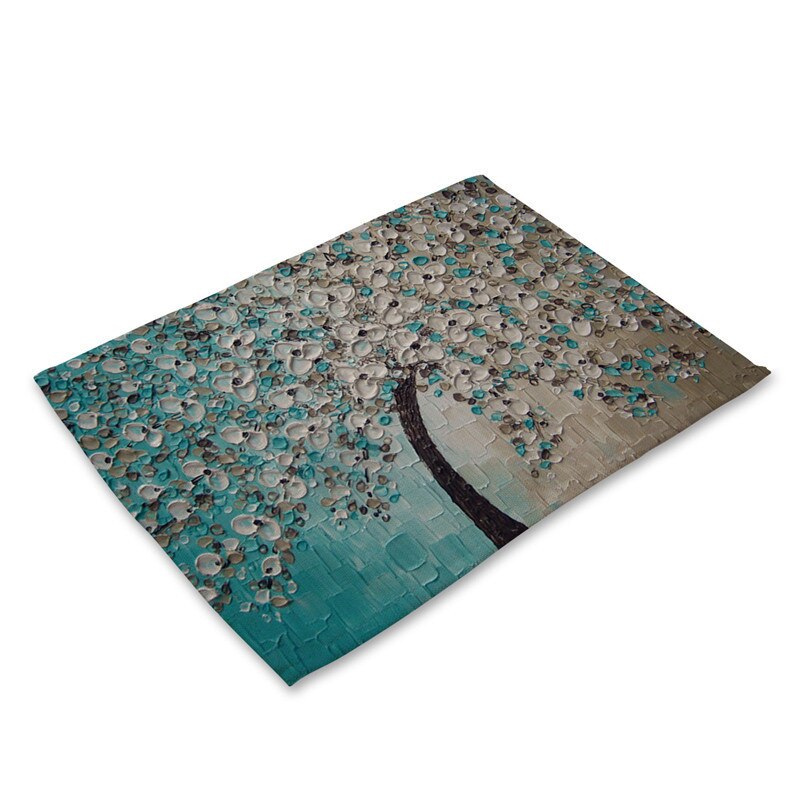 1Pcs Flower Tree Pattern Kitchen Placemat Dining Table Mat Drink Coaster Cotton Linen Pad Bowl Cup Mat 42*32cm Home Decor MP0016: N