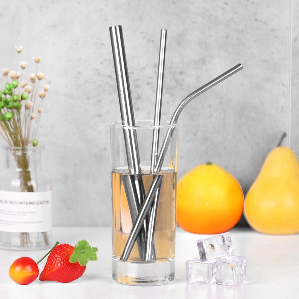 Reusable 304 Stainless Steel Sturdy Bent Straight Metal Drinking Straws with Cleaning Brush Portable Bar Party Accessory Healthy
