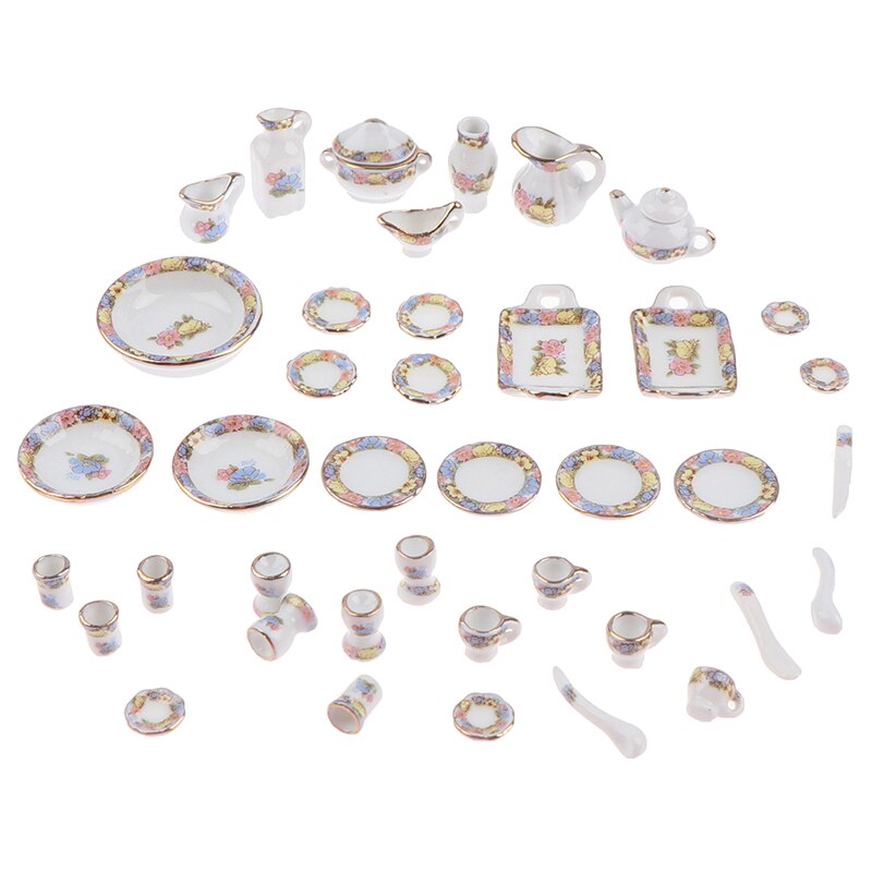 40Pcs 1:12 Dollhouse Miniature Tableware Porcelain Ceramic Tea Cup Dishes Set