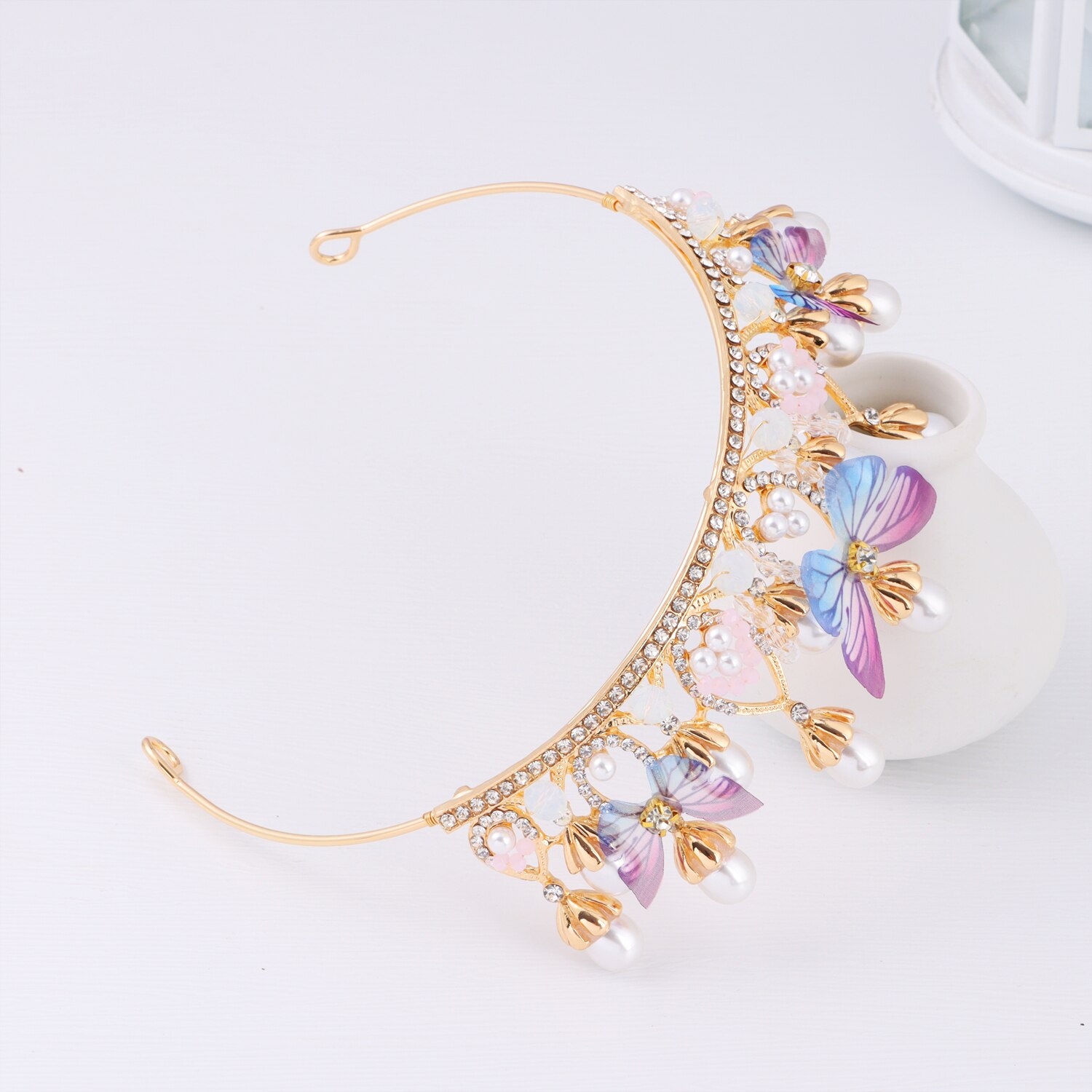 Korona księżniczki dla dziewczynek tiary motylkowe dla dziewczynek, kryształowa korona urodzinowa Model ślubny wybieg perłowy z pałąkiem na głowę