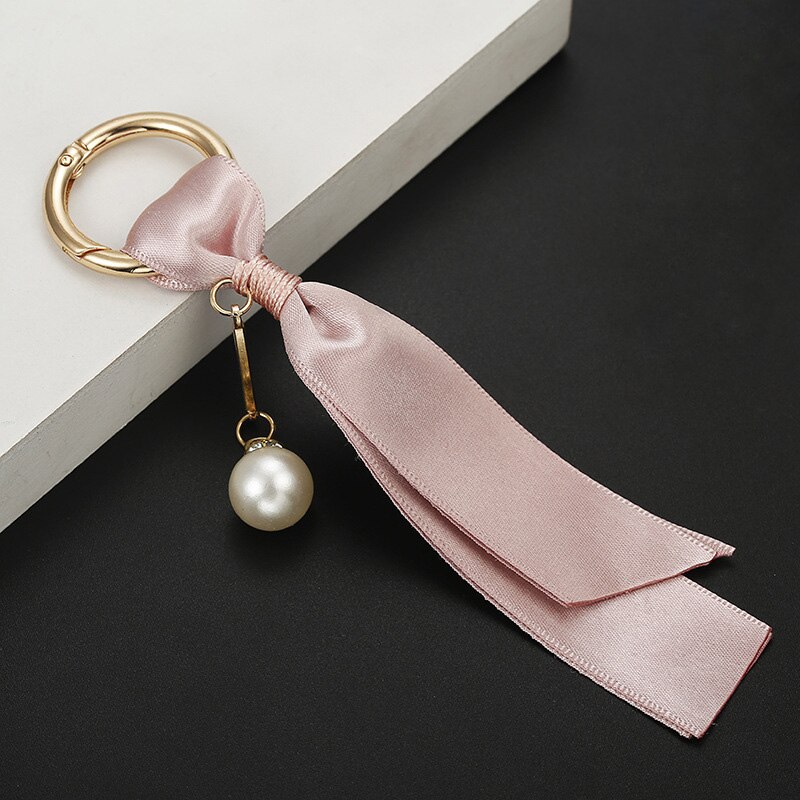 Handmade Women's Bag Jewelry Pendant Car Key Ring Pearls Detachable Korean Ribbon DIY Accessories Silk Keychain: light pink