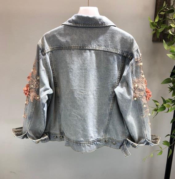 Herbst Frauen Stickerei Drei Dimensionale Blumen Perle Perle Kurze Denim Mantel Frau Lange Hülse Jean Jacke Feminina Mäntel WF08