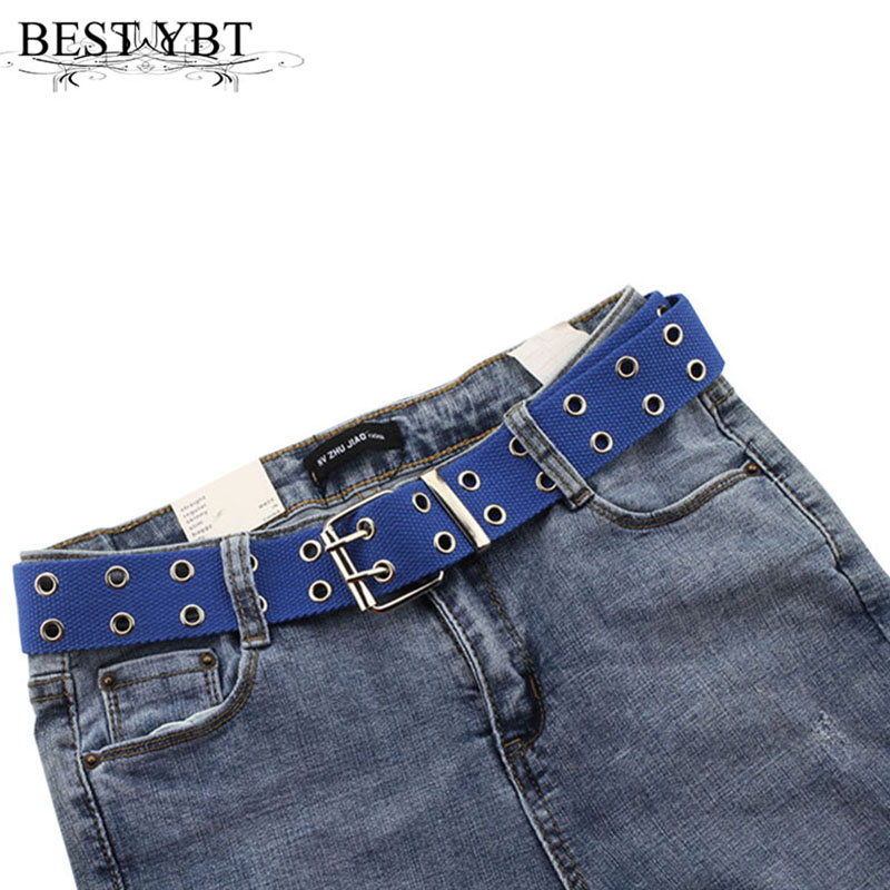Best YBT-Cinturón de lona Unisex, cinturón con hebilla de aleación de doble fila para fotos de la calle, cinturón hueco Chic con cadena